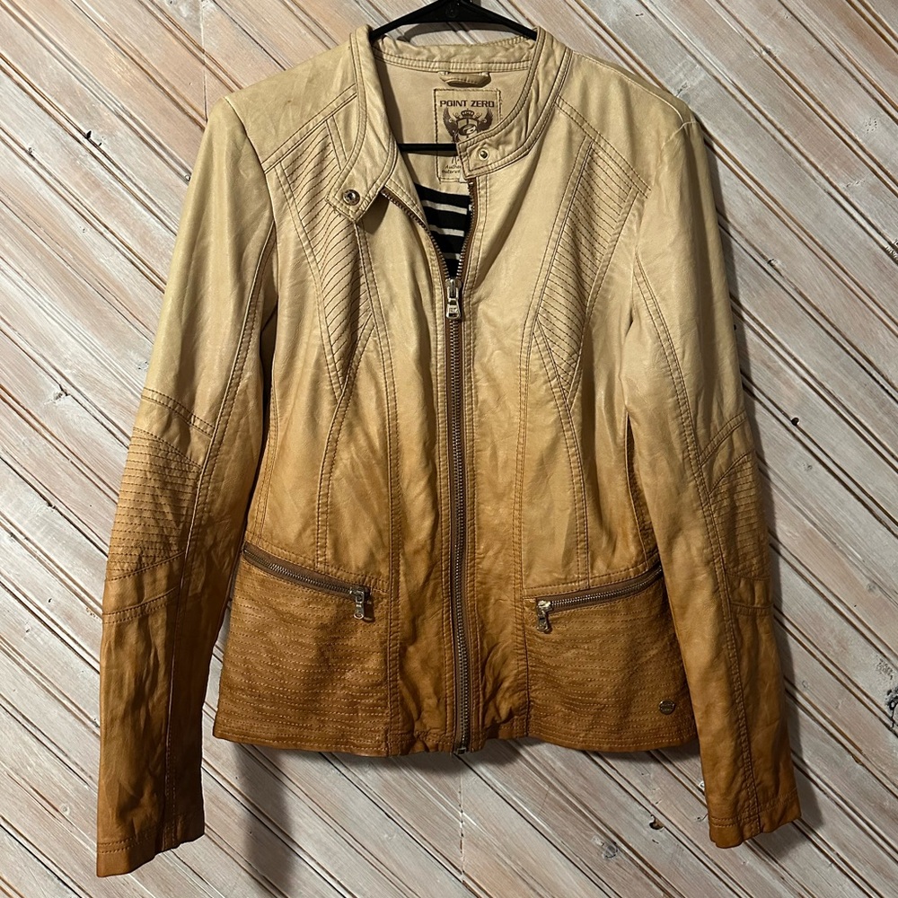 Point Zero Tan Cream Ombré Design Lined Leather Like Motorcycle Jacket